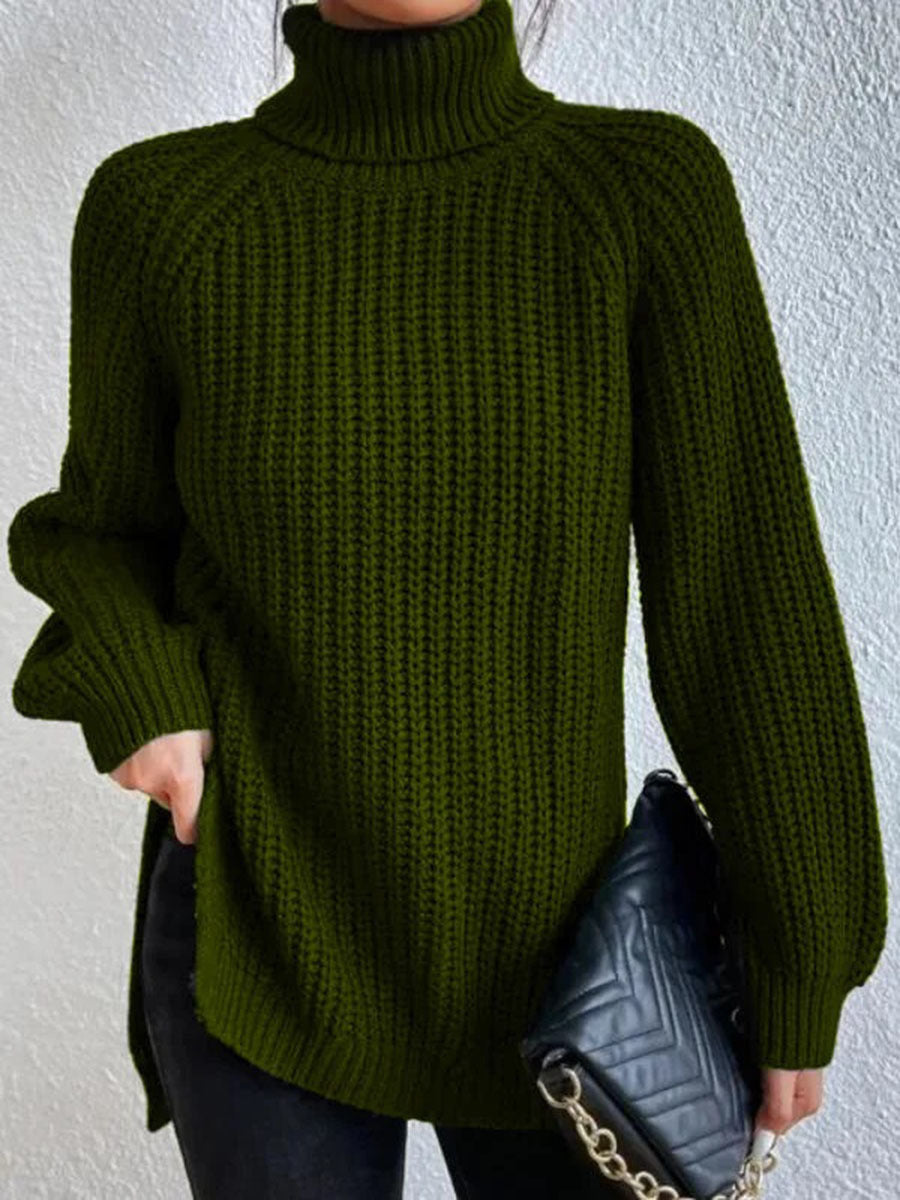 Cotton Turtleneck Raglan Sleeve Split Hem Sweater mysite