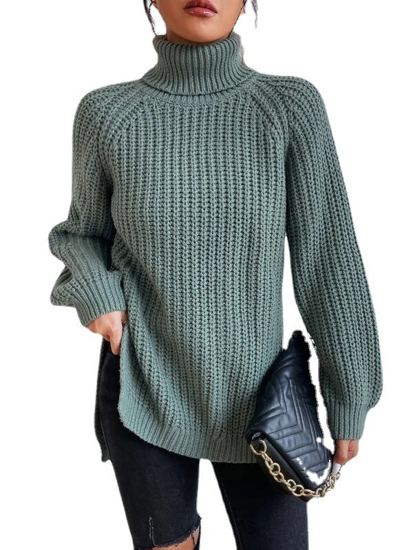 Cotton Turtleneck Raglan Sleeve Split Hem Sweater mysite
