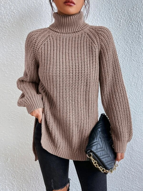 Cotton Turtleneck Raglan Sleeve Split Hem Sweater mysite