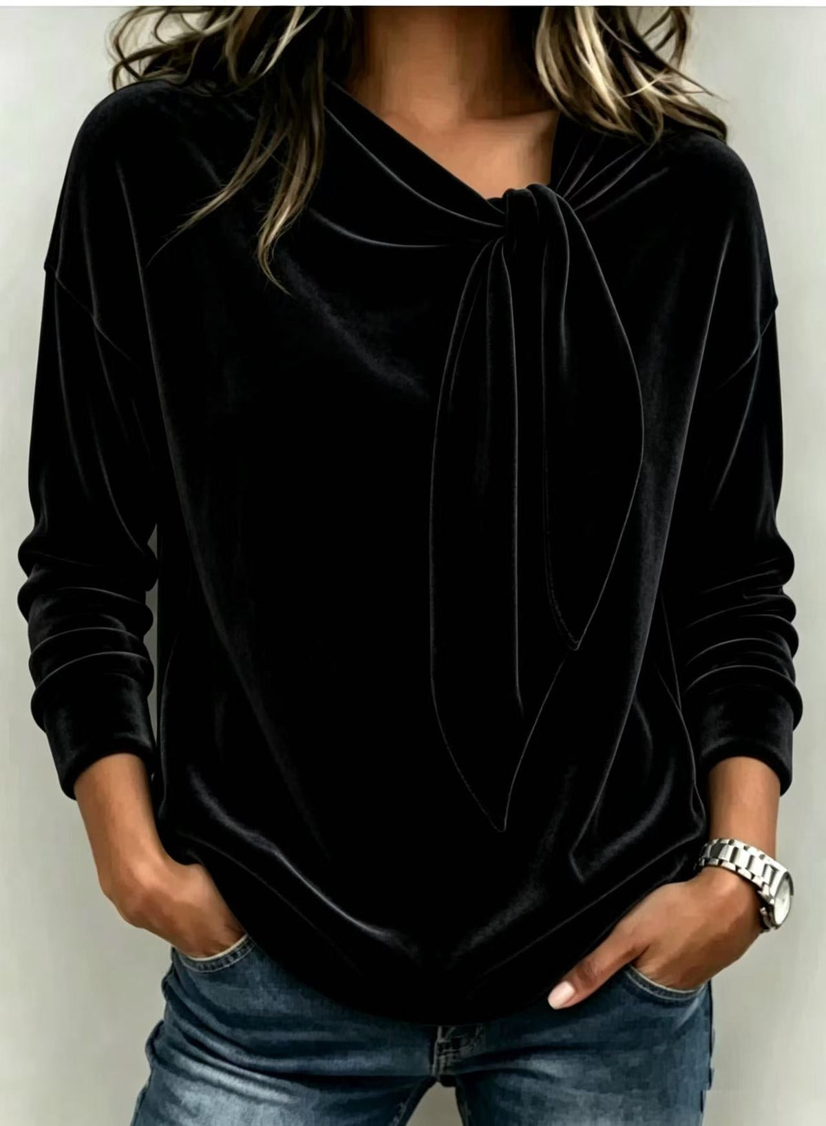 Fall Women Velvet Bow Tie Neck Long Sleeve Top mysite