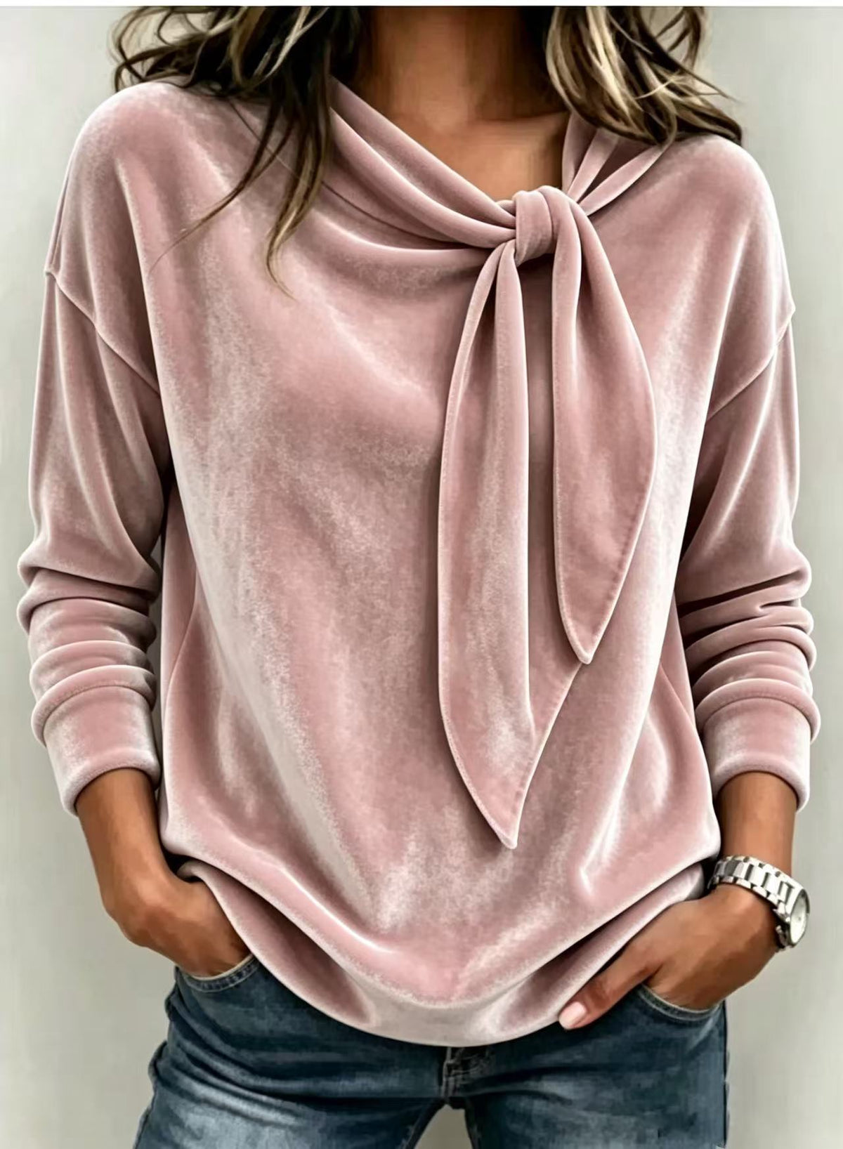 Fall Women Velvet Bow Tie Neck Long Sleeve Top mysite