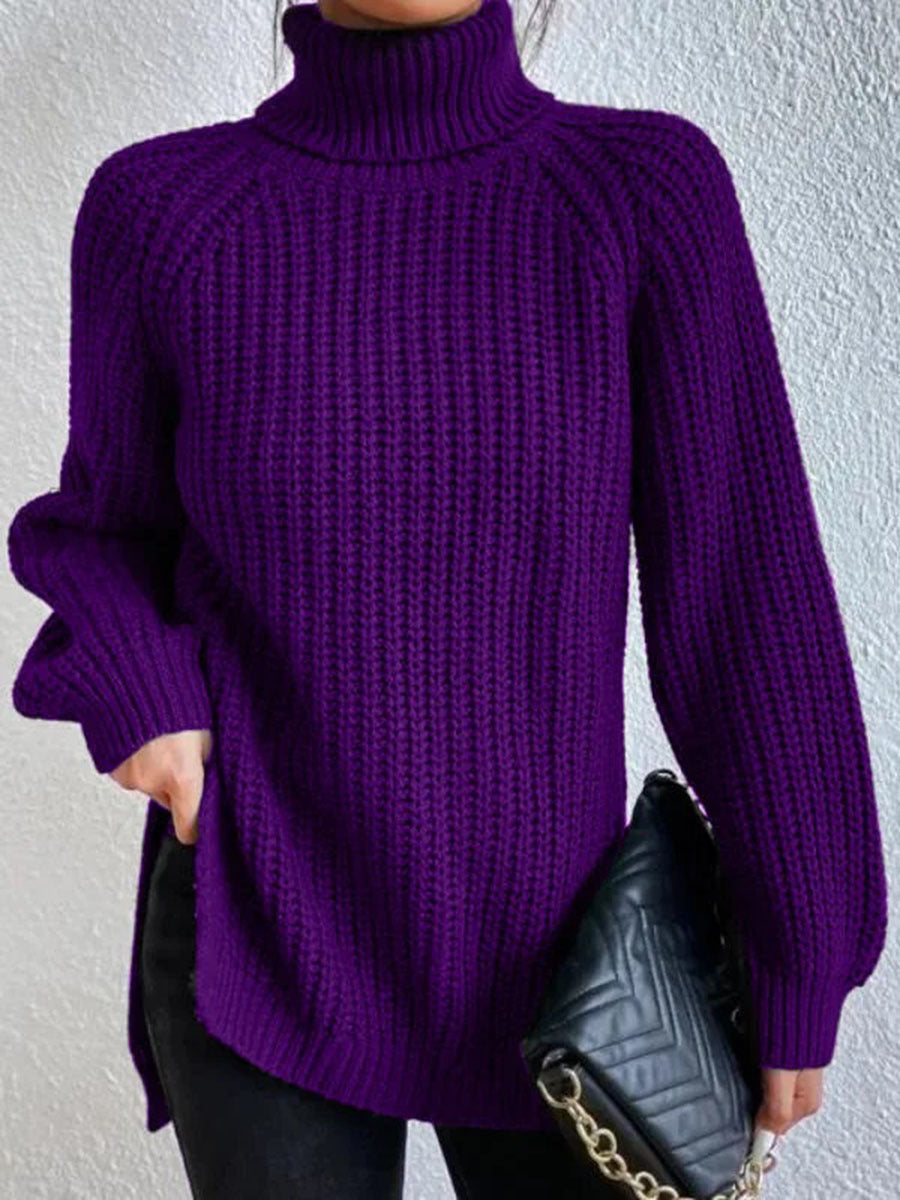Cotton Turtleneck Raglan Sleeve Split Hem Sweater mysite