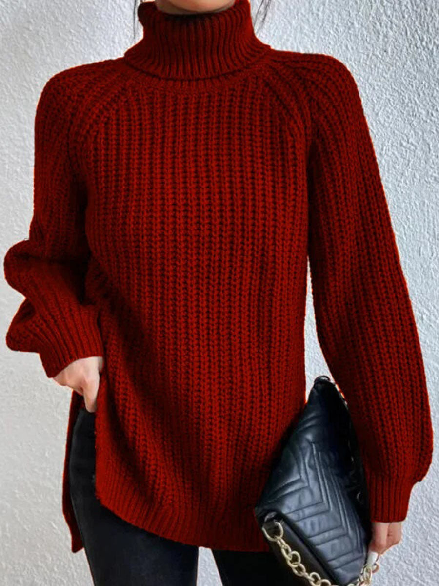 Cotton Turtleneck Raglan Sleeve Split Hem Sweater mysite