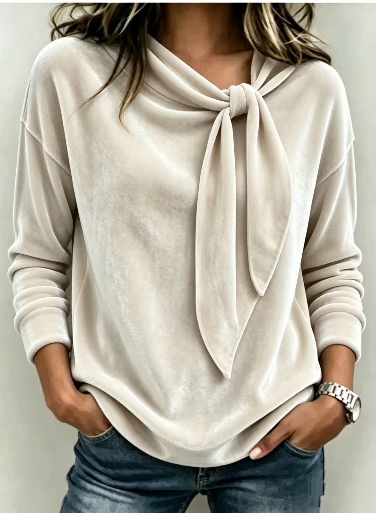 Fall Women Velvet Bow Tie Neck Long Sleeve Top mysite