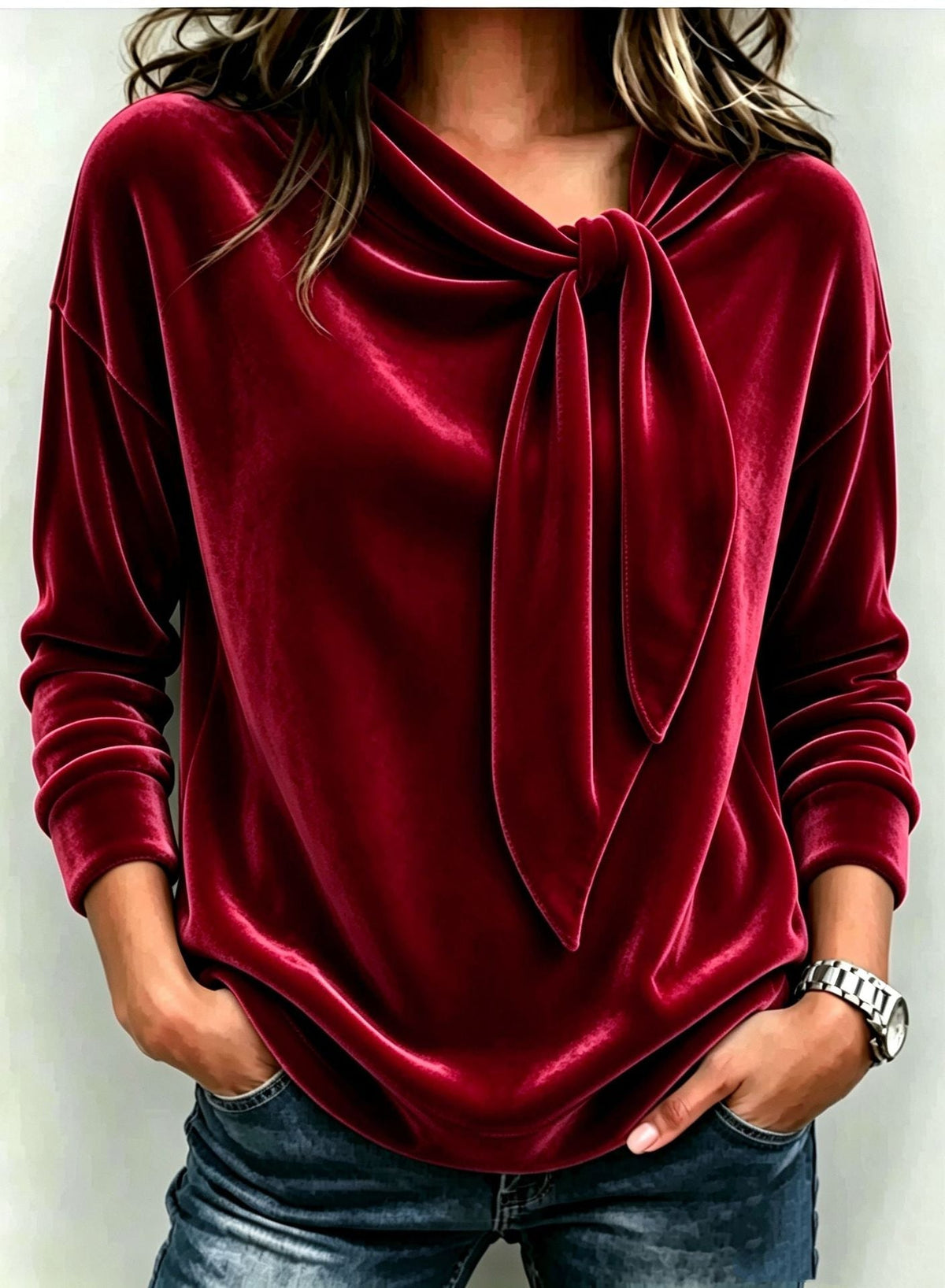 Fall Women Velvet Bow Tie Neck Long Sleeve Top mysite