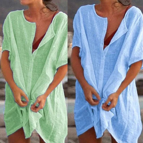 Women's Cotton and Linen Plain Loose Long Shirt mysite