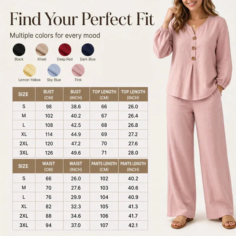 🌿Women's Cotton-Linen V-Neck Long Sleeve Top & Pants Set mysite