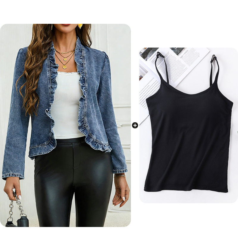 🧥  Women's Denim Jacket with Ruffles & Open Front – Lightweight & Feminine – Versatile & Chic 👗 mysite