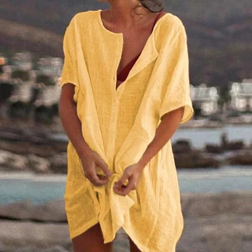 Women's Cotton and Linen Plain Loose Long Shirt mysite