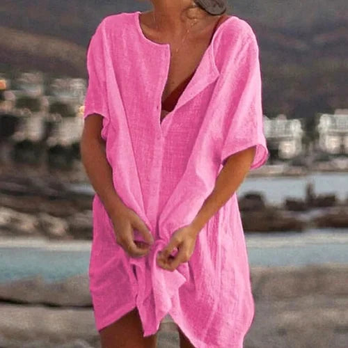 Women's Cotton and Linen Plain Loose Long Shirt mysite