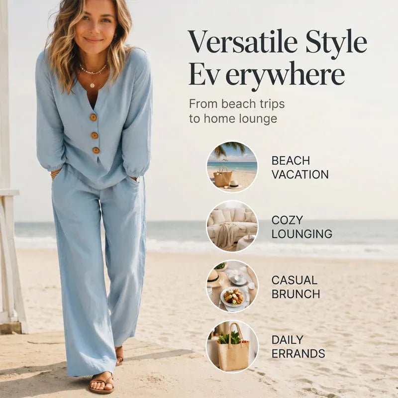 🌿Women's Cotton-Linen V-Neck Long Sleeve Top & Pants Set mysite