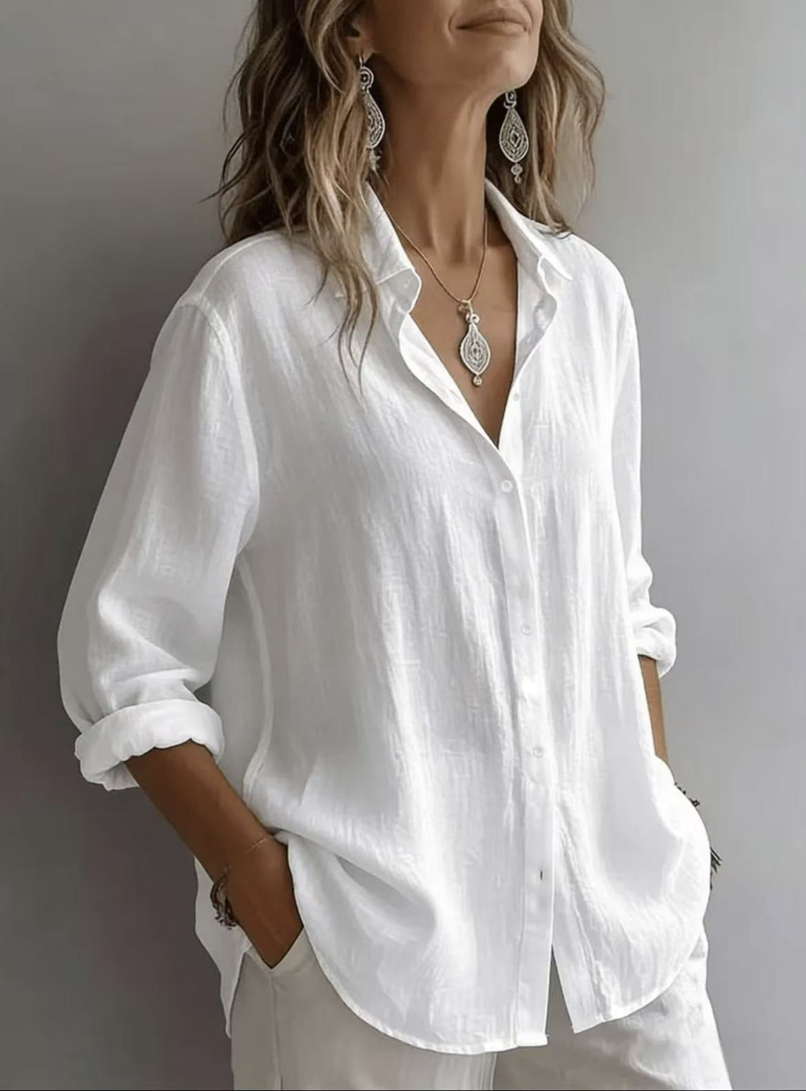 Women’s Lightweight Linen Button-Up Shirt – Relaxed Fit Long Sleeve Blouse Marlovene