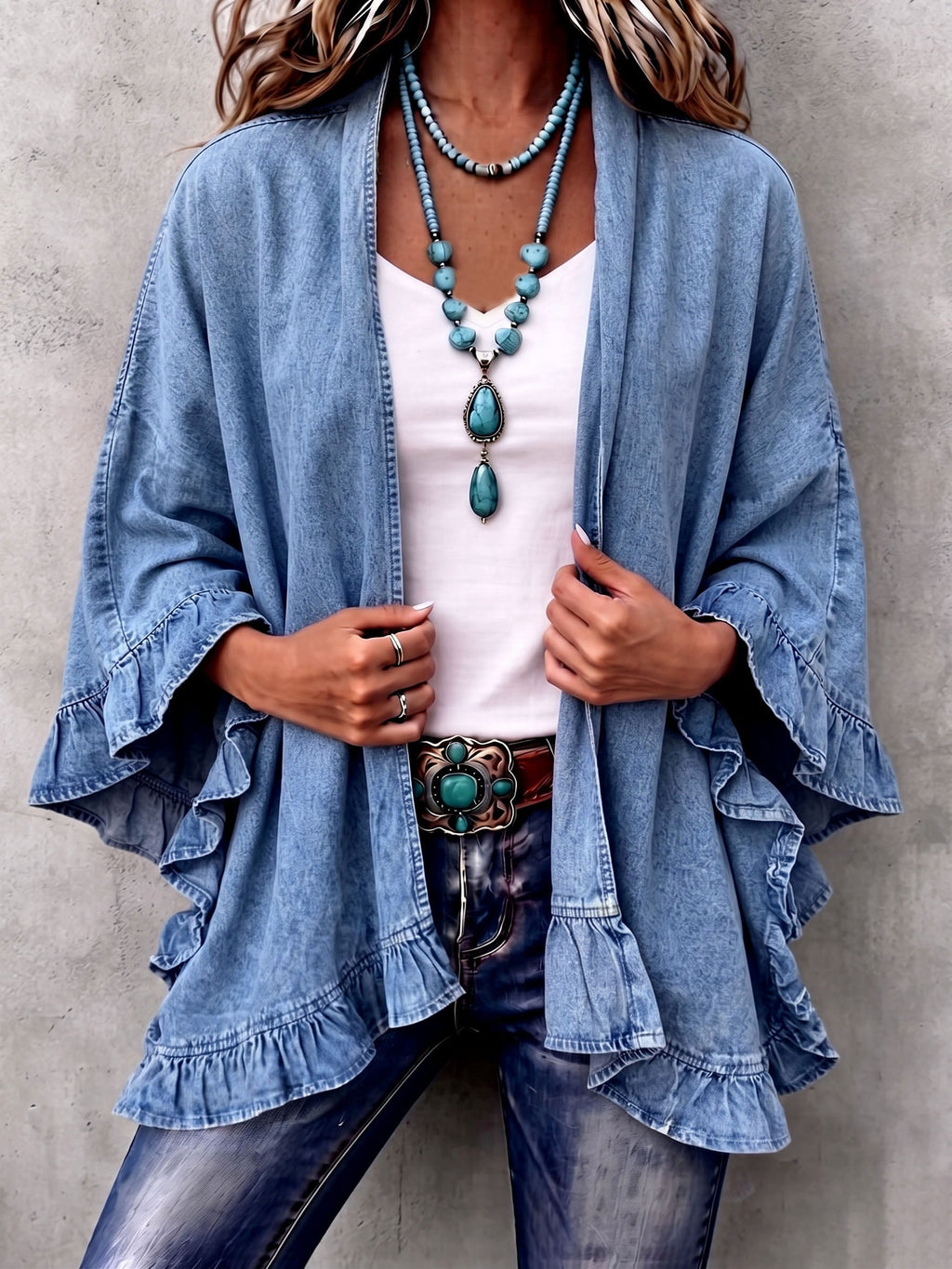 Chic Boho Denim Ruffle Trim Cardigan mysite