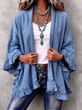 Chic Boho Denim Ruffle Trim Cardigan mysite