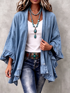 Chic Boho Denim Ruffle Trim Cardigan mysite