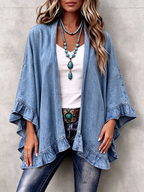 Chic Boho Denim Ruffle Trim Cardigan mysite