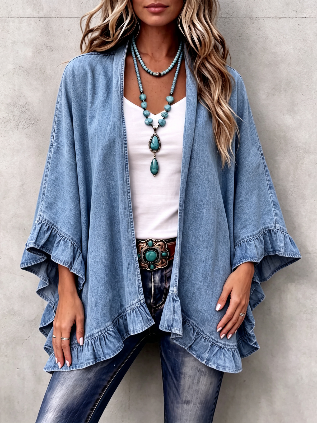Chic Boho Denim Ruffle Trim Cardigan mysite
