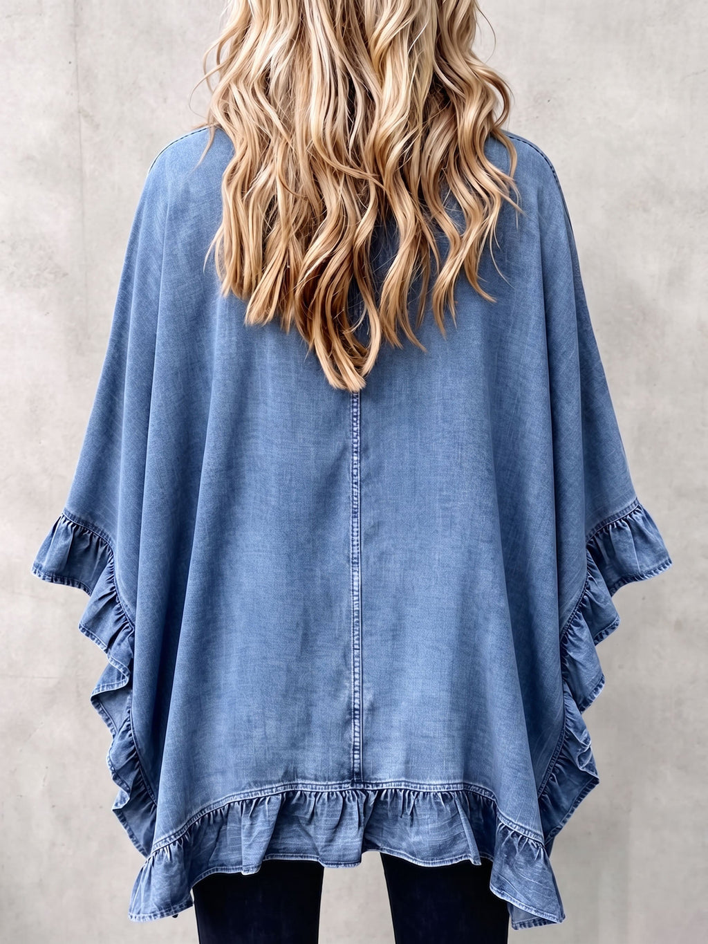 Chic Boho Denim Ruffle Trim Cardigan mysite
