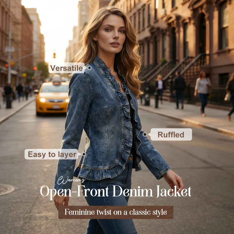 🧥  Women's Denim Jacket with Ruffles & Open Front – Lightweight & Feminine – Versatile & Chic 👗 mysite