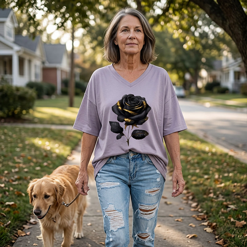 Women's Plus-Size Rose Print V-Neck T-Shirt mysite