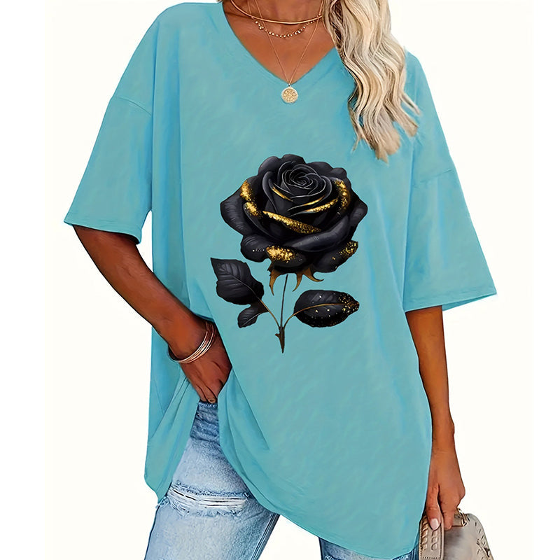 Women's Plus-Size Rose Print V-Neck T-Shirt mysite