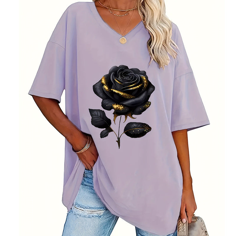 Women's Plus-Size Rose Print V-Neck T-Shirt mysite
