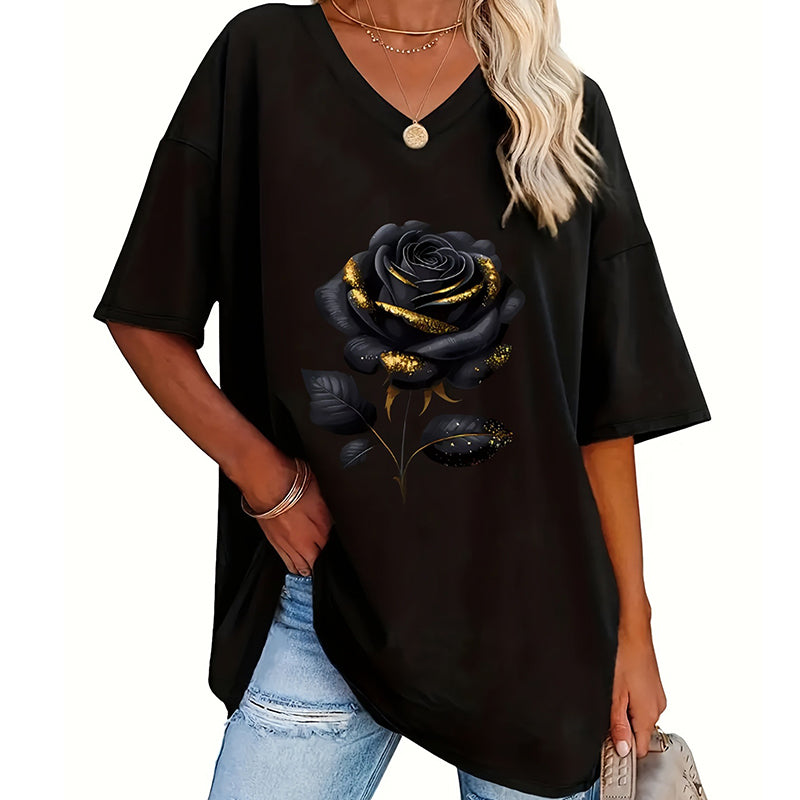Women's Plus-Size Rose Print V-Neck T-Shirt mysite