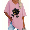 Women's Plus-Size Rose Print V-Neck T-Shirt mysite