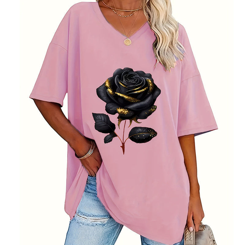 Women's Plus-Size Rose Print V-Neck T-Shirt mysite