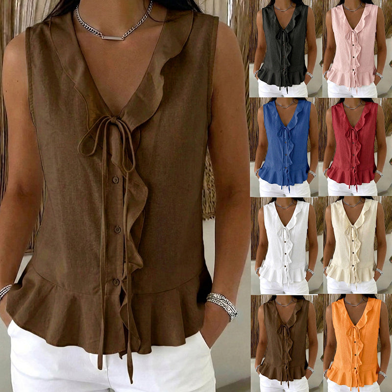 Women's Sleeveless Ruffle Trim V-Neck Top mysite
