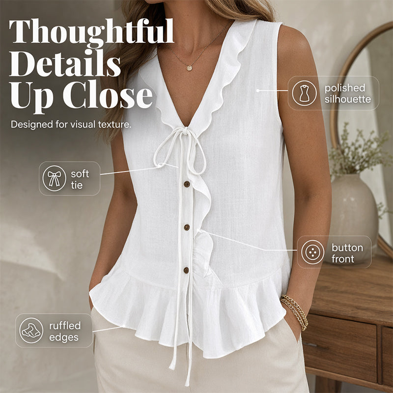 Women's Sleeveless Ruffle Trim V-Neck Top mysite