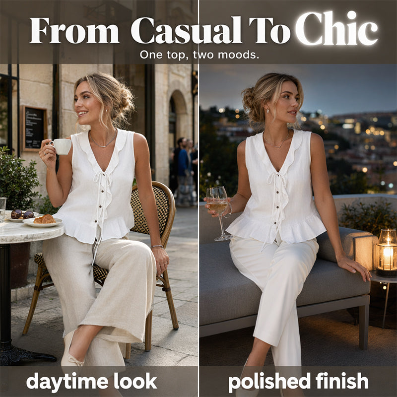 Women's Sleeveless Ruffle Trim V-Neck Top mysite