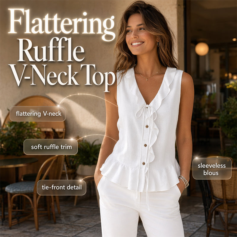 Women's Sleeveless Ruffle Trim V-Neck Top mysite