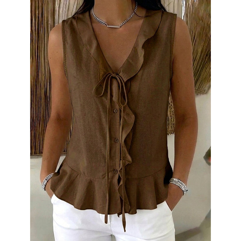 Women's Sleeveless Ruffle Trim V-Neck Top mysite
