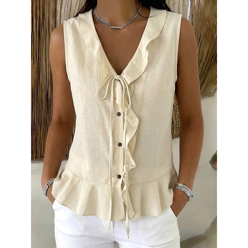 Women's Sleeveless Ruffle Trim V-Neck Top mysite