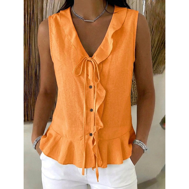 Women's Sleeveless Ruffle Trim V-Neck Top mysite