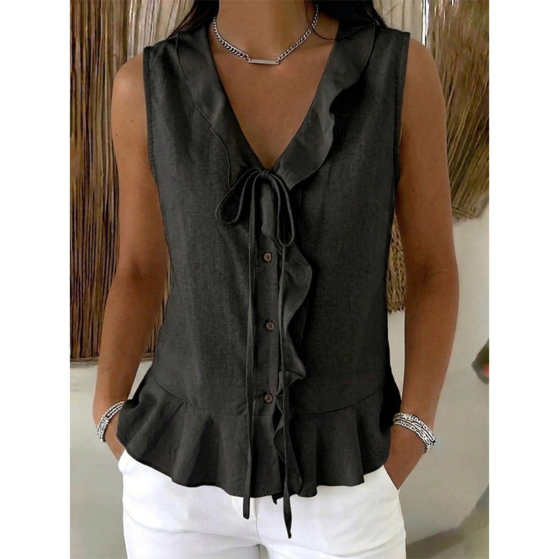 Women's Sleeveless Ruffle Trim V-Neck Top mysite