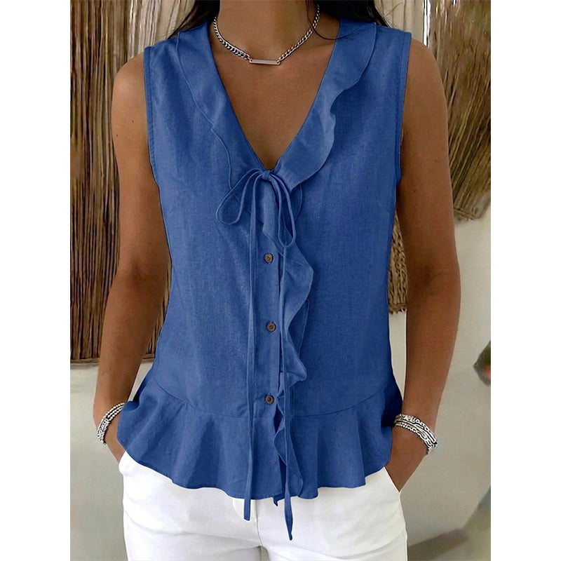 Women's Sleeveless Ruffle Trim V-Neck Top mysite