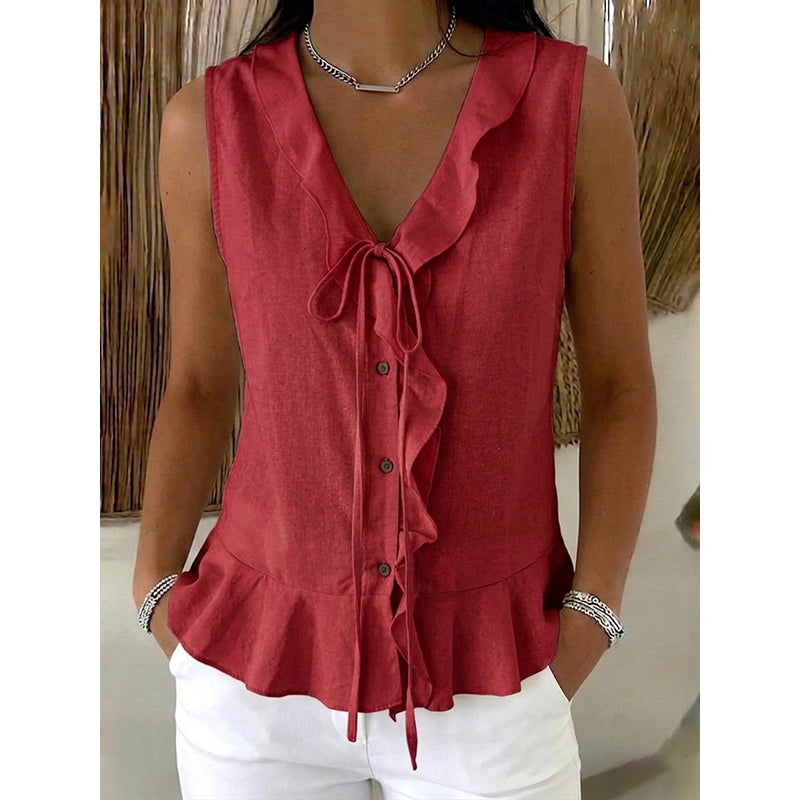 Women's Sleeveless Ruffle Trim V-Neck Top mysite