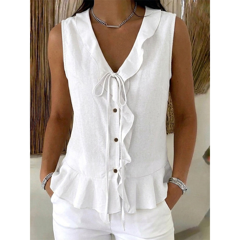 Women's Sleeveless Ruffle Trim V-Neck Top mysite