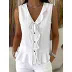Women's Sleeveless Ruffle Trim V-Neck Top mysite