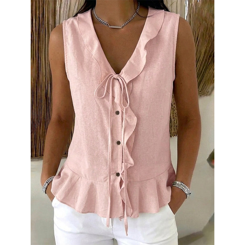 Women's Sleeveless Ruffle Trim V-Neck Top mysite