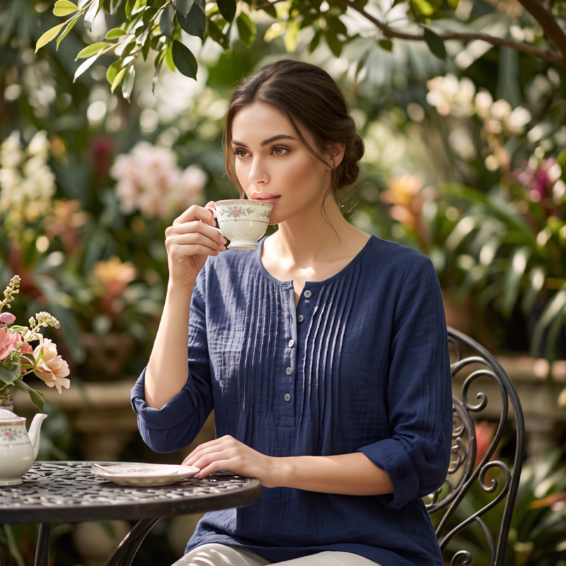 Women's Long Sleeve Pleated Henley Neck Blouse mysite