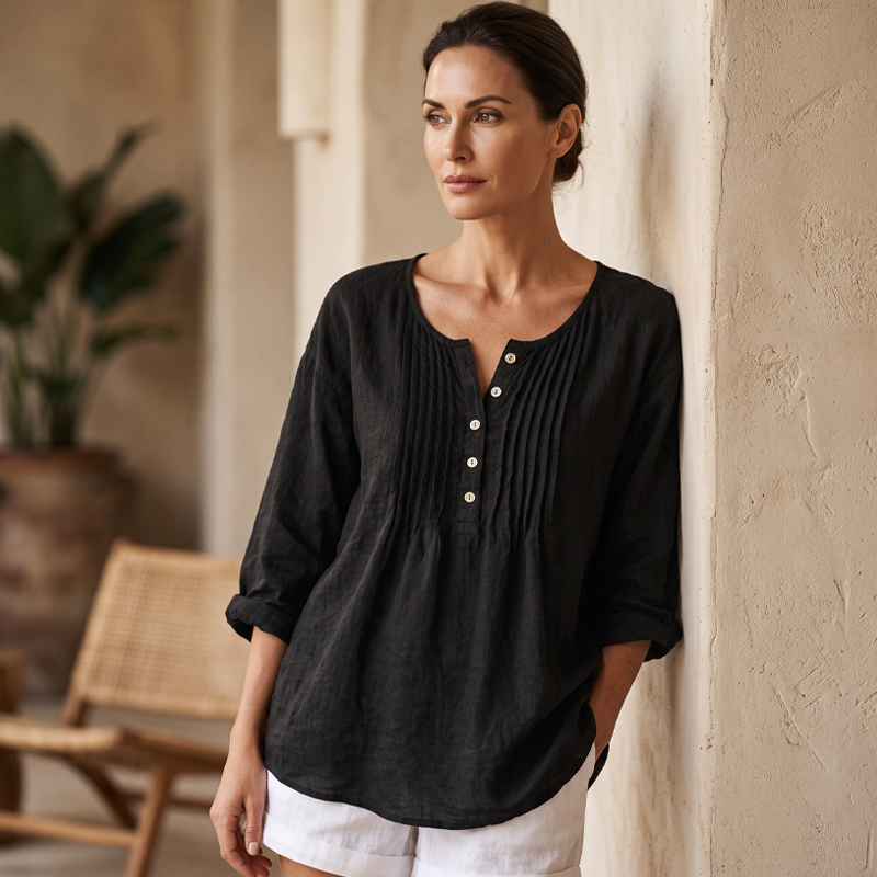 Women's Long Sleeve Pleated Henley Neck Blouse mysite