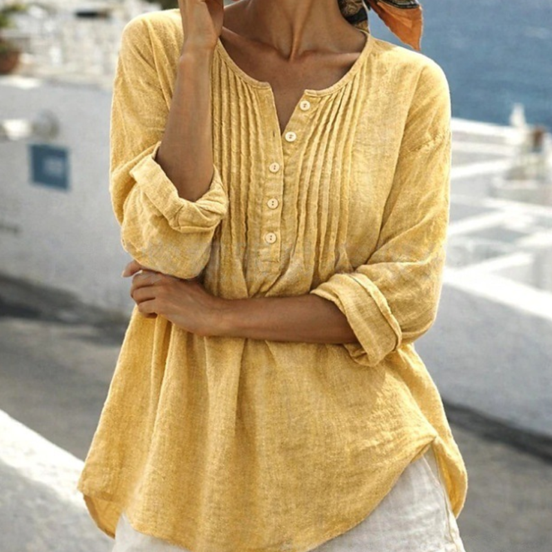 Women's Long Sleeve Pleated Henley Neck Blouse mysite