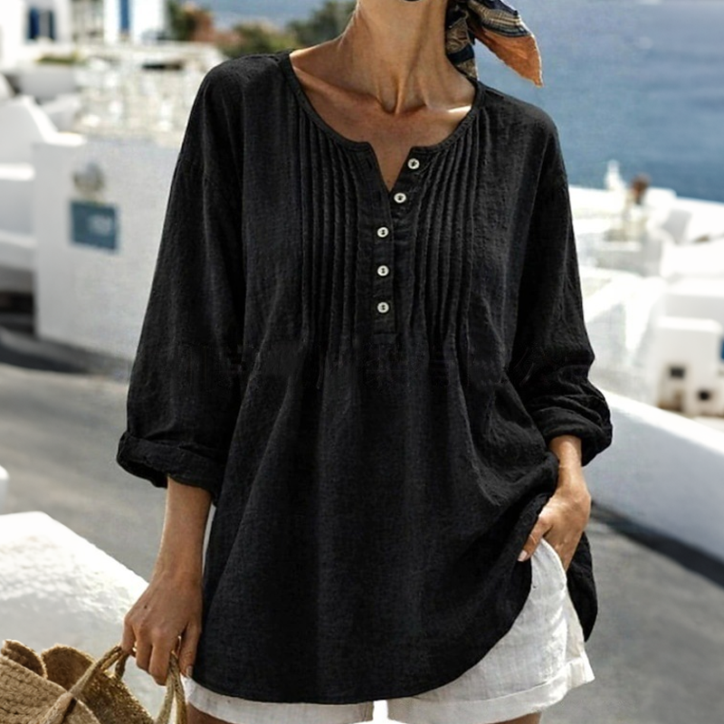 Women's Long Sleeve Pleated Henley Neck Blouse mysite