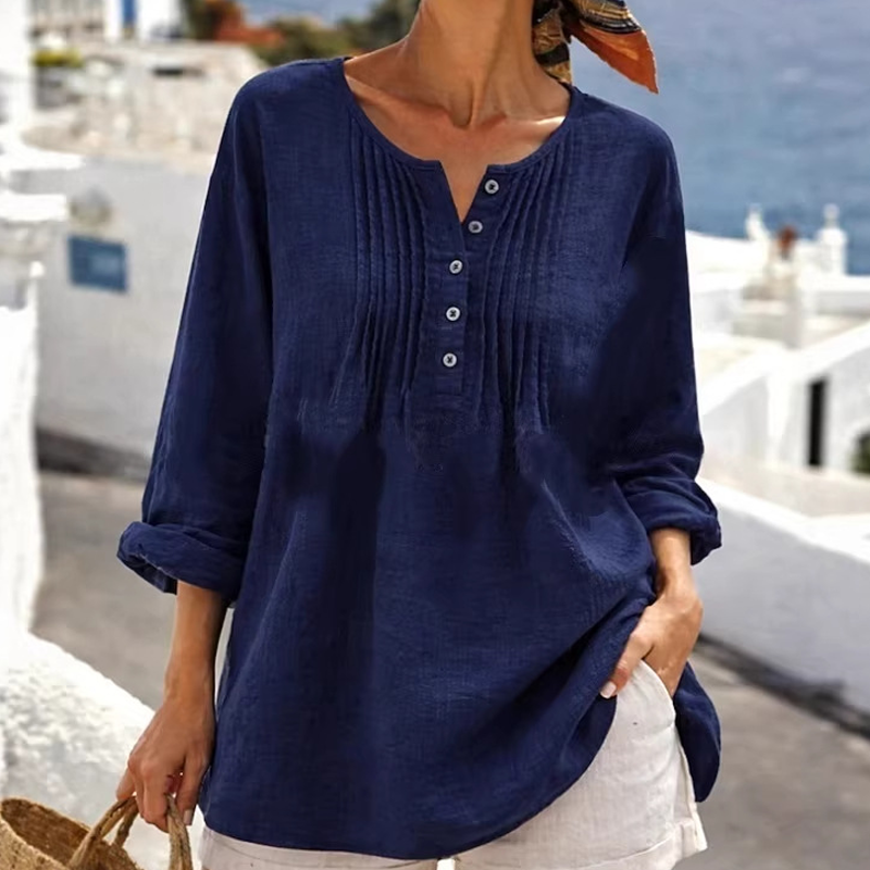 Women's Long Sleeve Pleated Henley Neck Blouse mysite