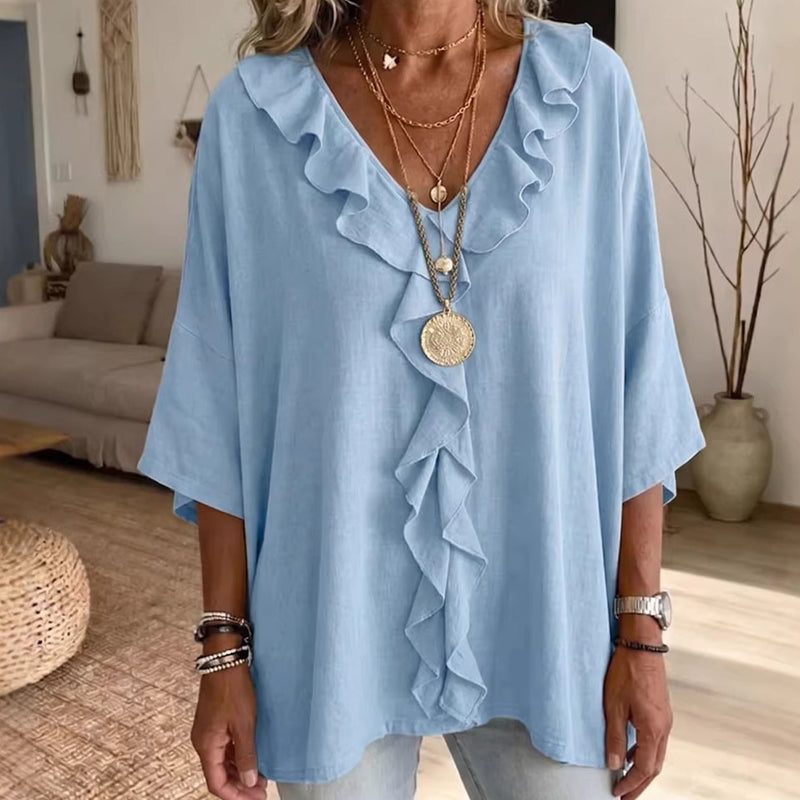 Women’s Casual V-Neck Ruffle Trim Blouse mysite