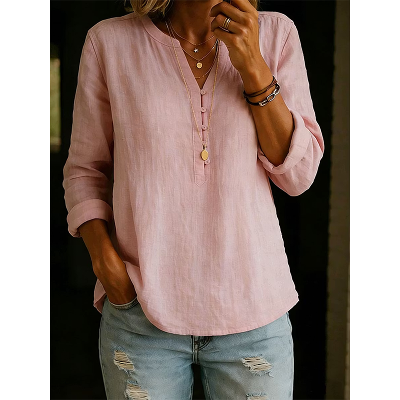 Women Casual V Neck Button Up Long Sleeve Shirt mysite