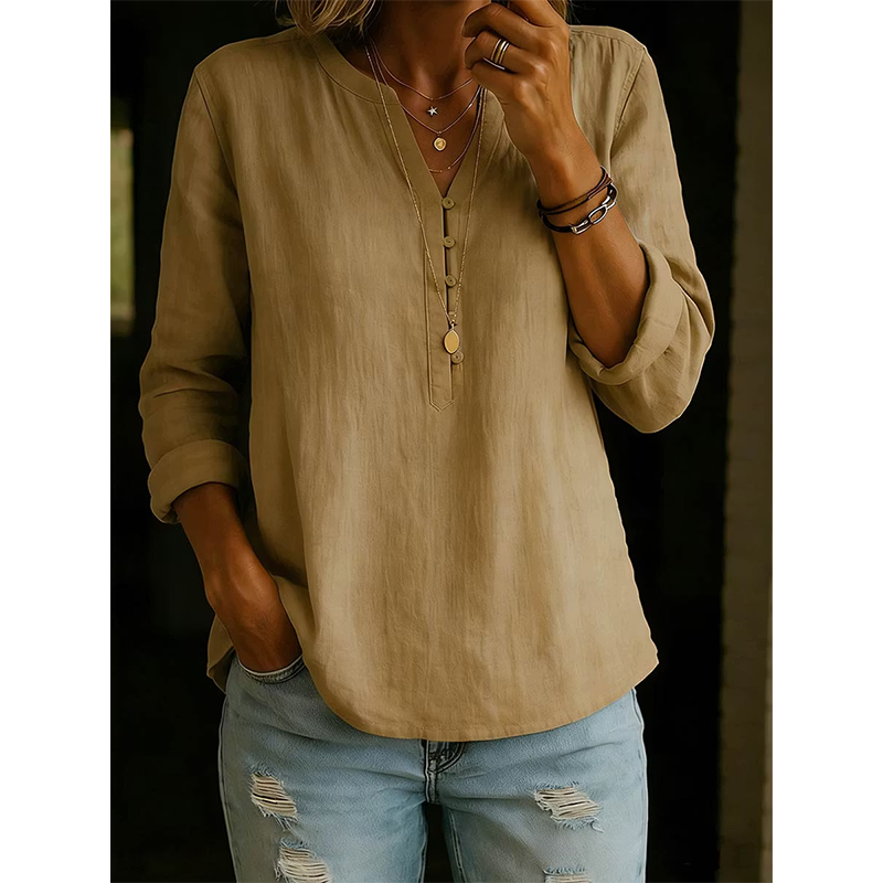 Women Casual V Neck Button Up Long Sleeve Shirt mysite